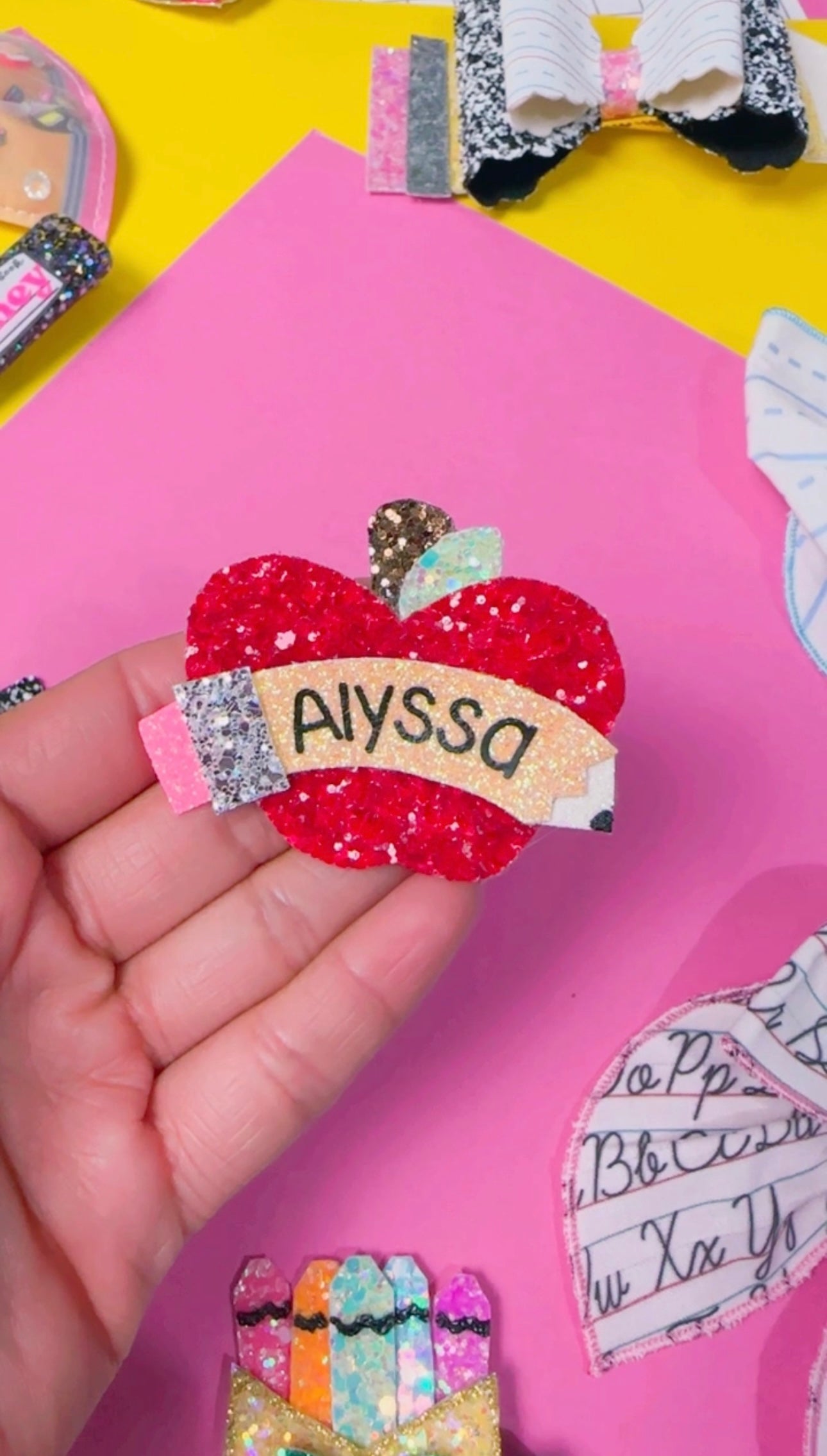 Personalized apple w/pencil Glitter Clip