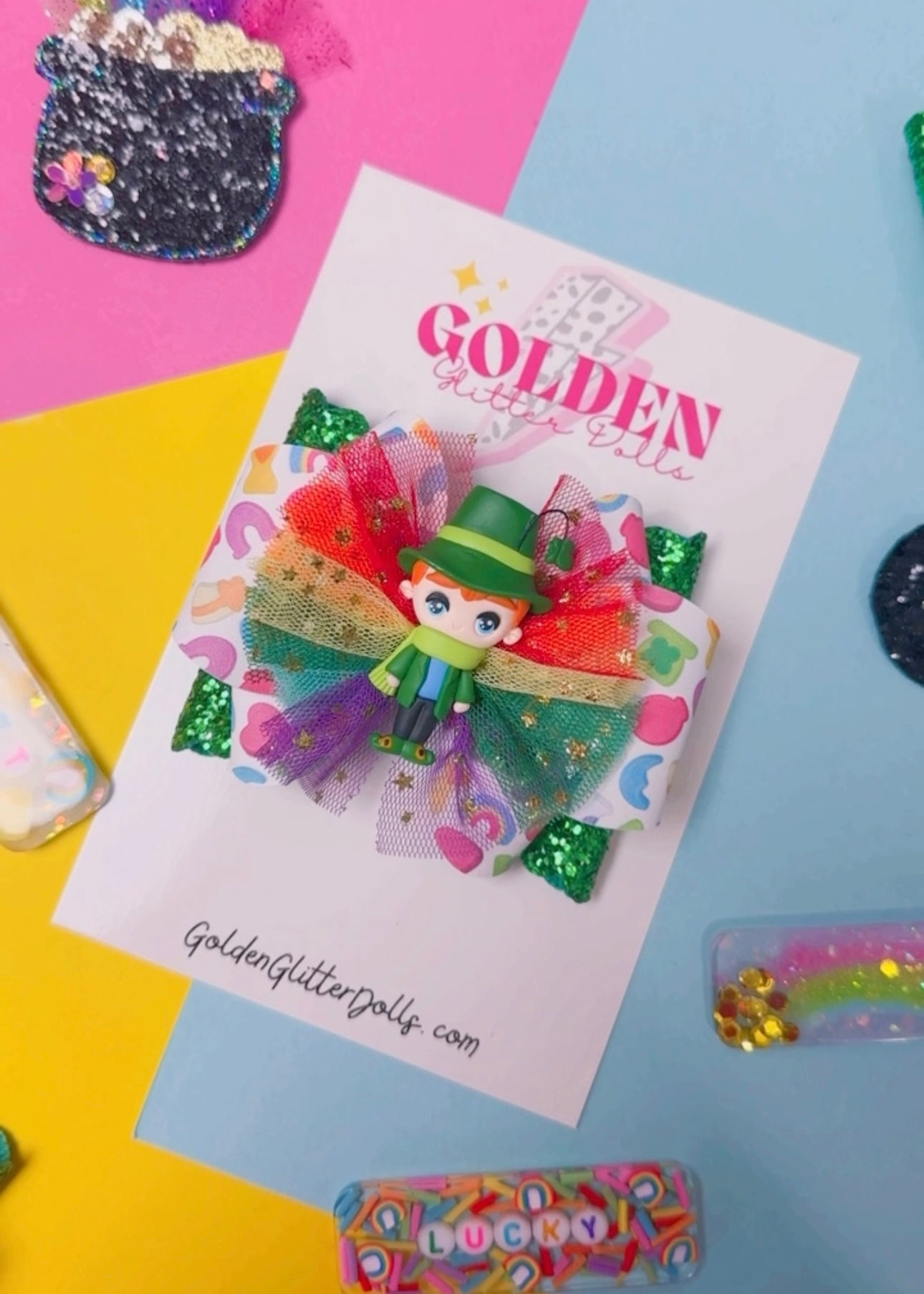 Lucky Charm, St. Patrick- Glitter Clay Hair bow