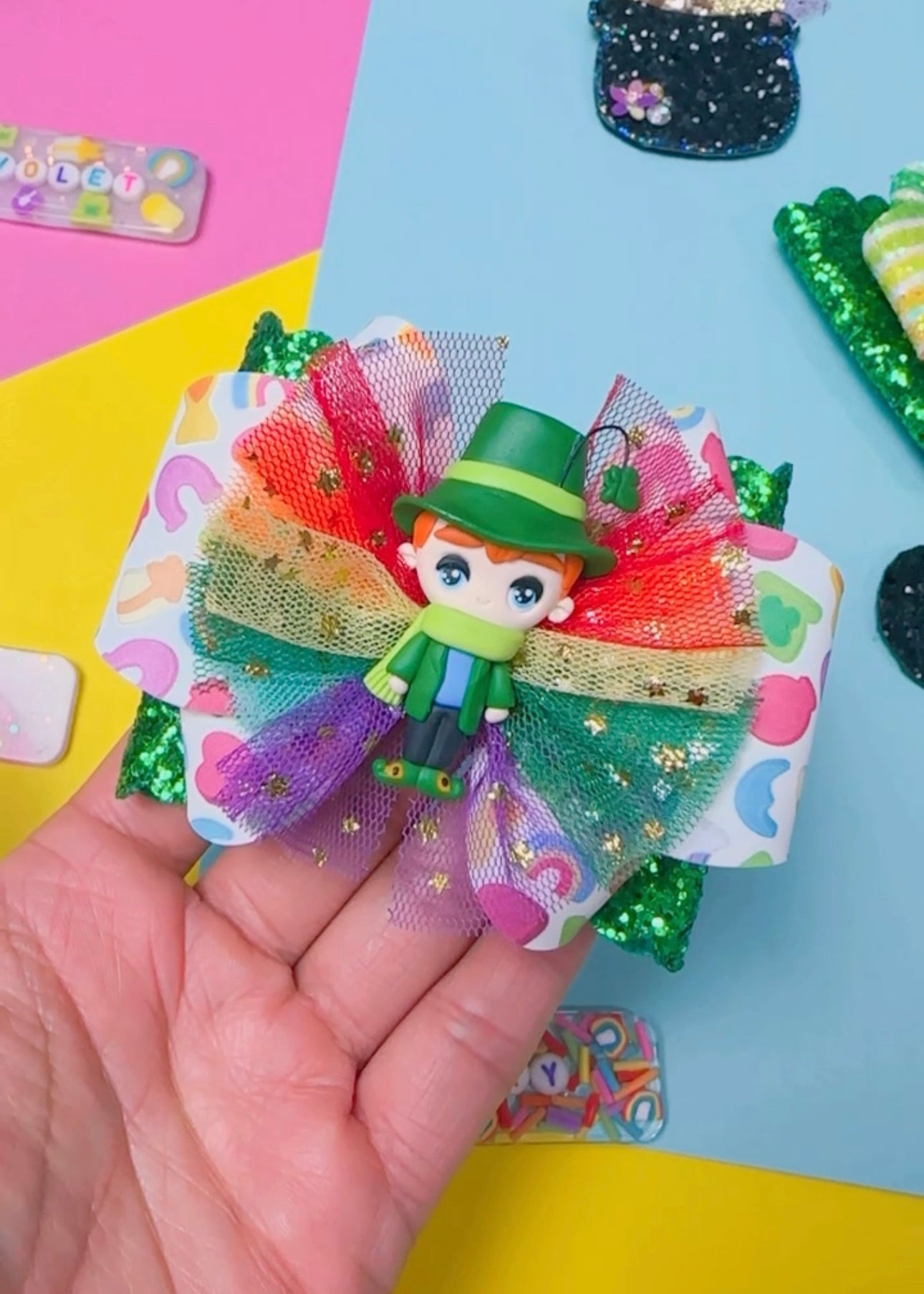 Lucky Charm, St. Patrick- Glitter Clay Hair bow