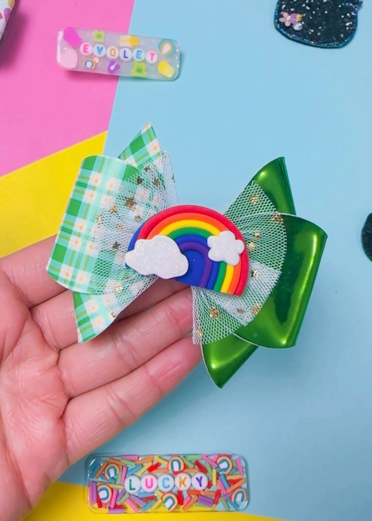 Rainbow, St. Patrick- Glitter Clay Hair bow