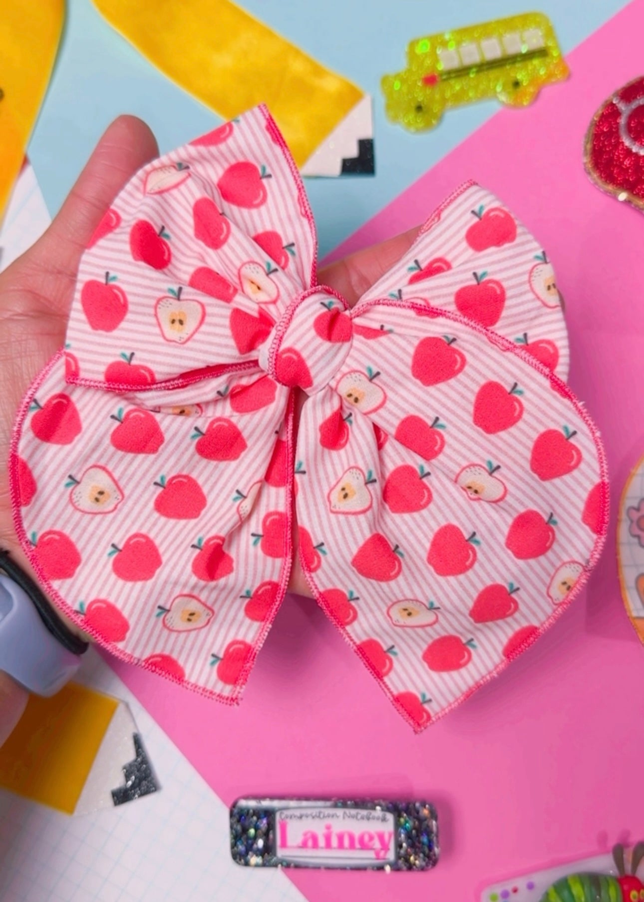 School Apple Fabric hair bow (Large or Small)