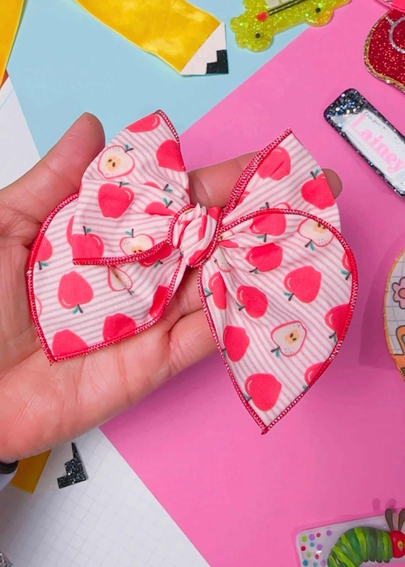 School Apple Fabric hair bow (Large or Small)