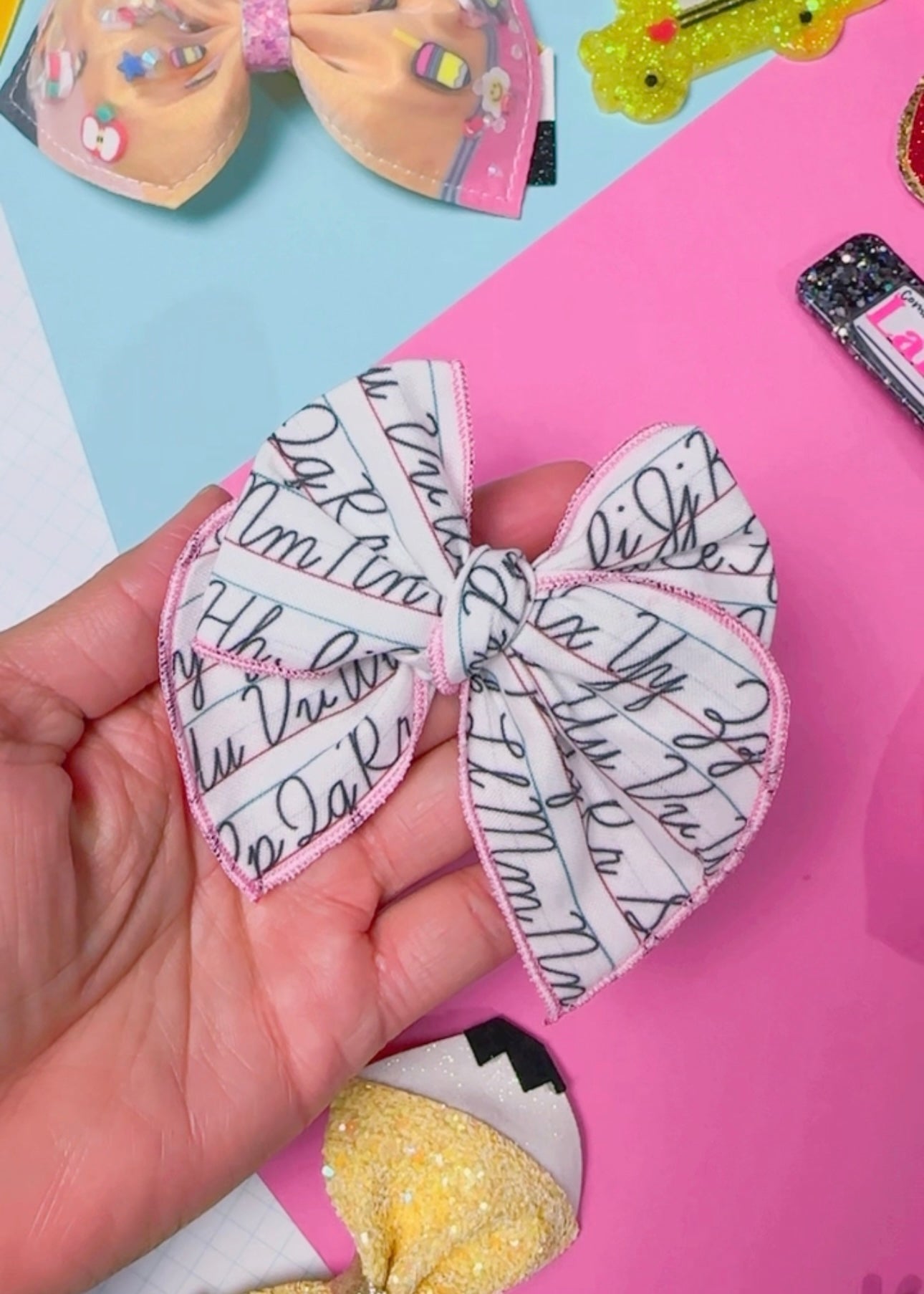 Cursive Fabric hair bow (Small 4 Inch)