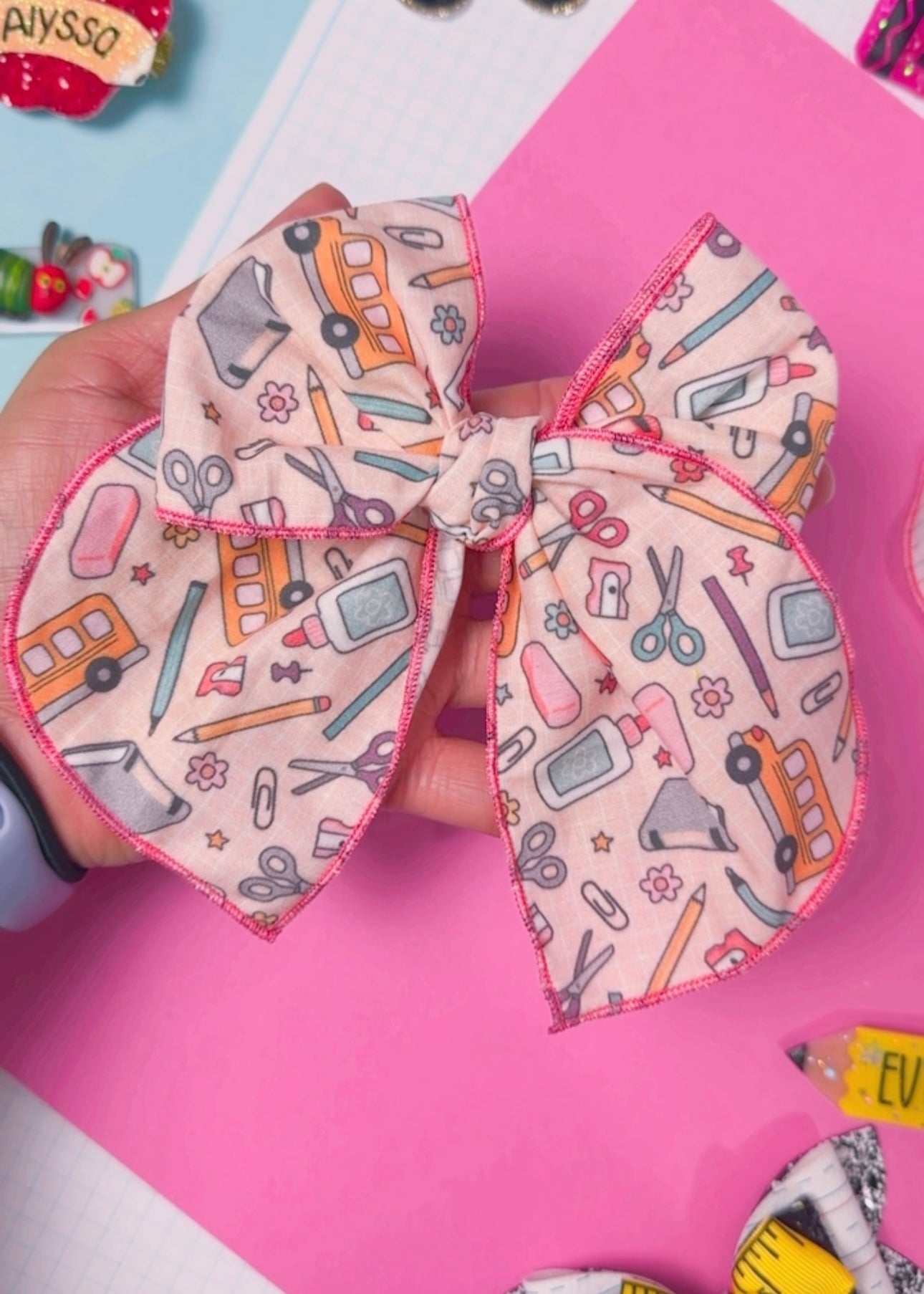 School Supplies Fabric hair bow (Large or Small)