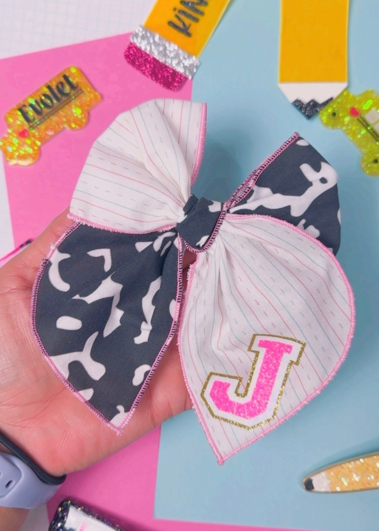 PERSONALIZED Composition Fabric hair bow (Large 6 inch)