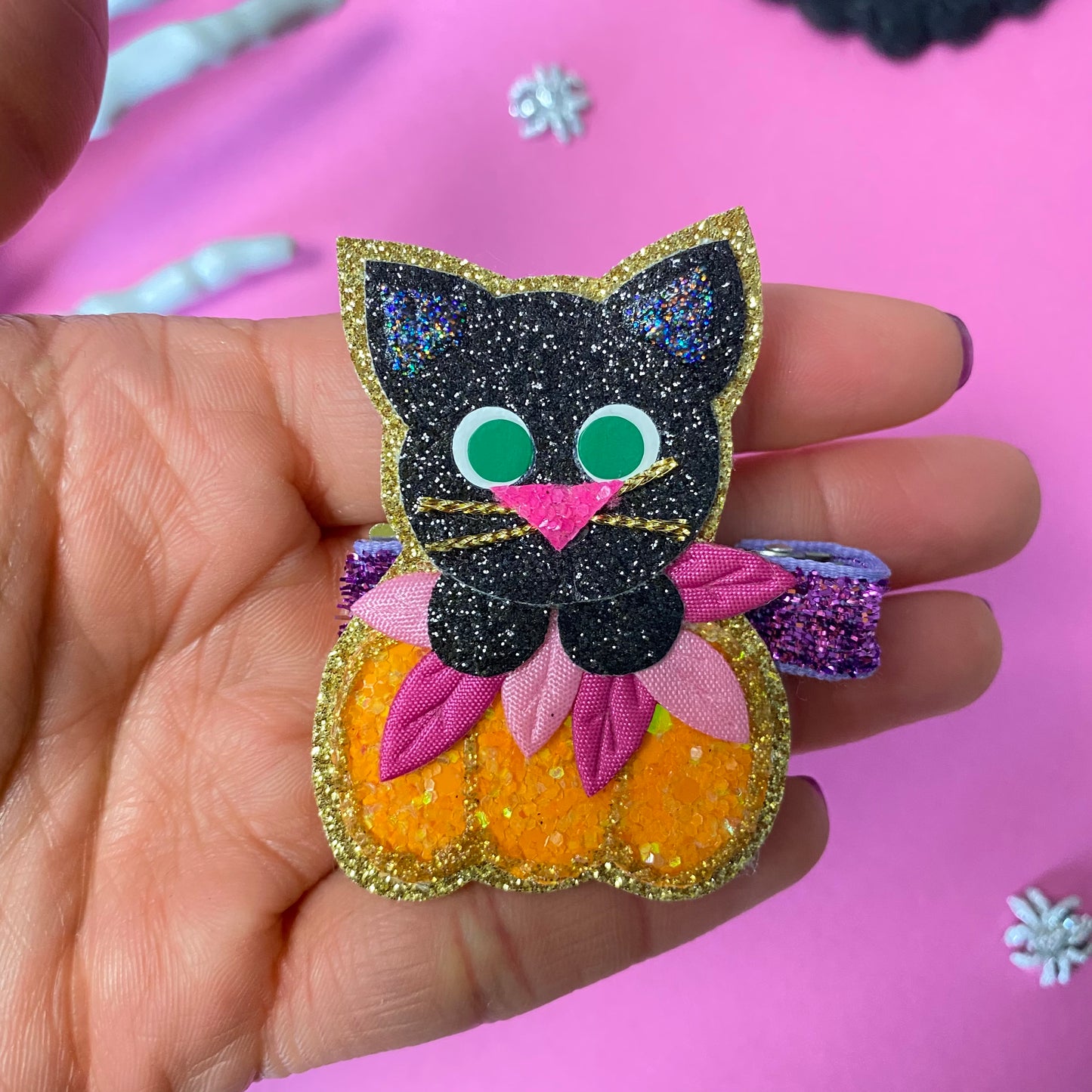 BLACK CAT, glitter hair clip, (You Choose Hardware)