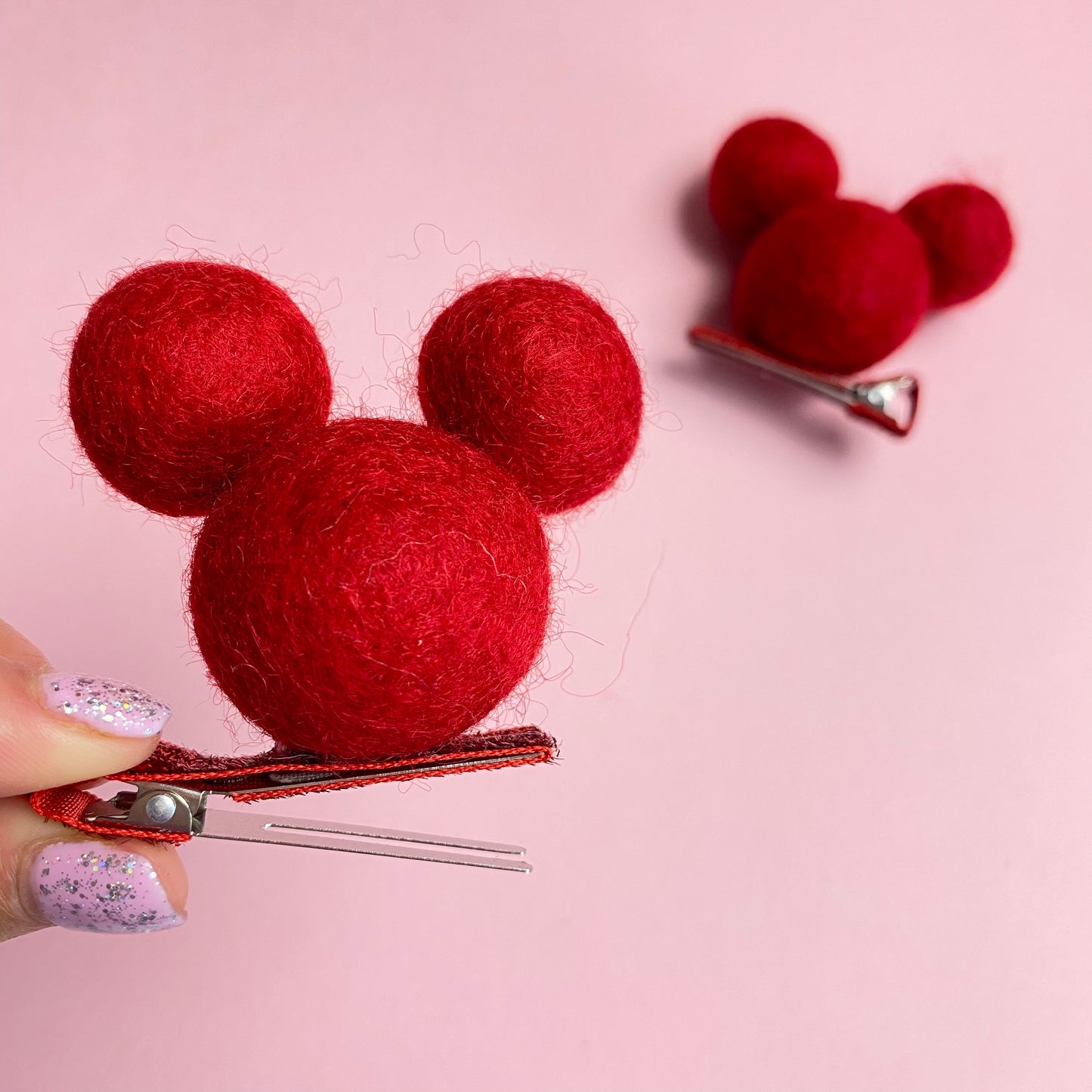 RED- PomPom Clip on Mouse Ears SET