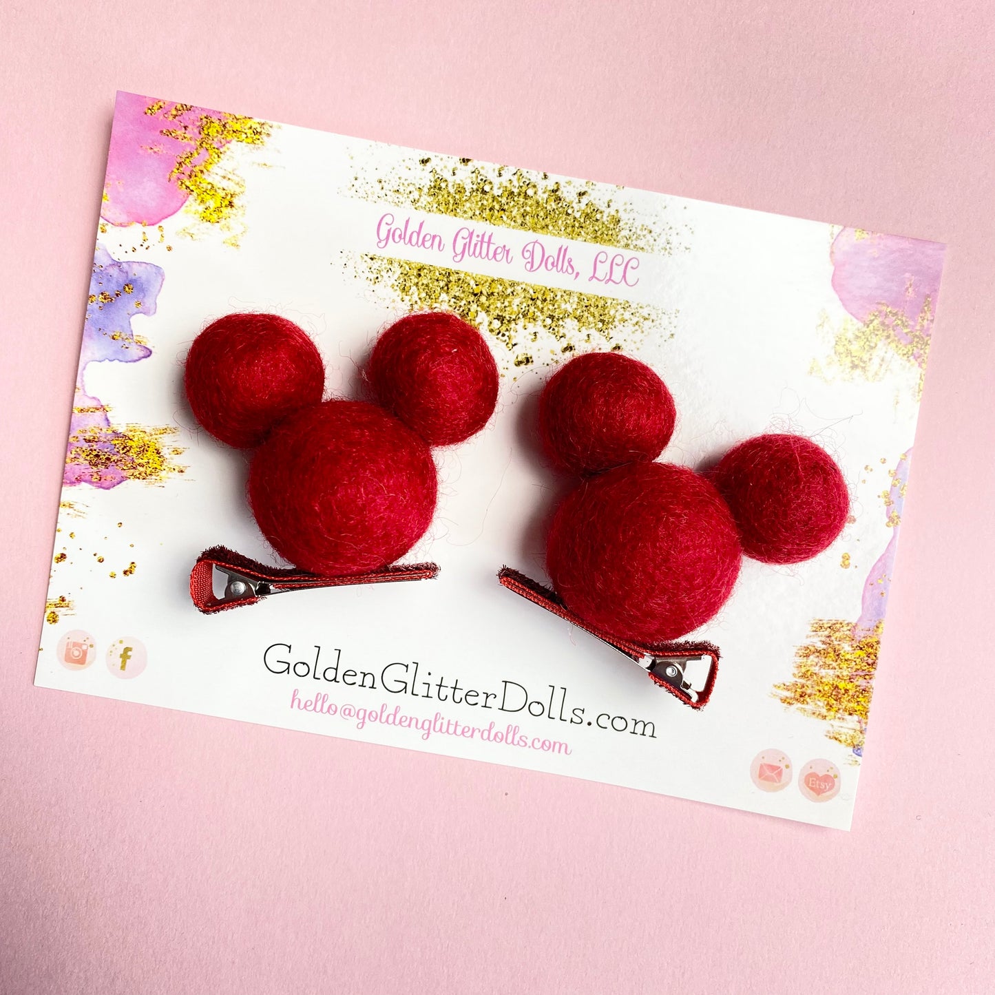 RED- PomPom Clip on Mouse Ears SET