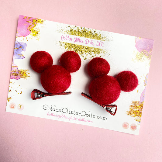 RED- PomPom Clip on Mouse Ears SET