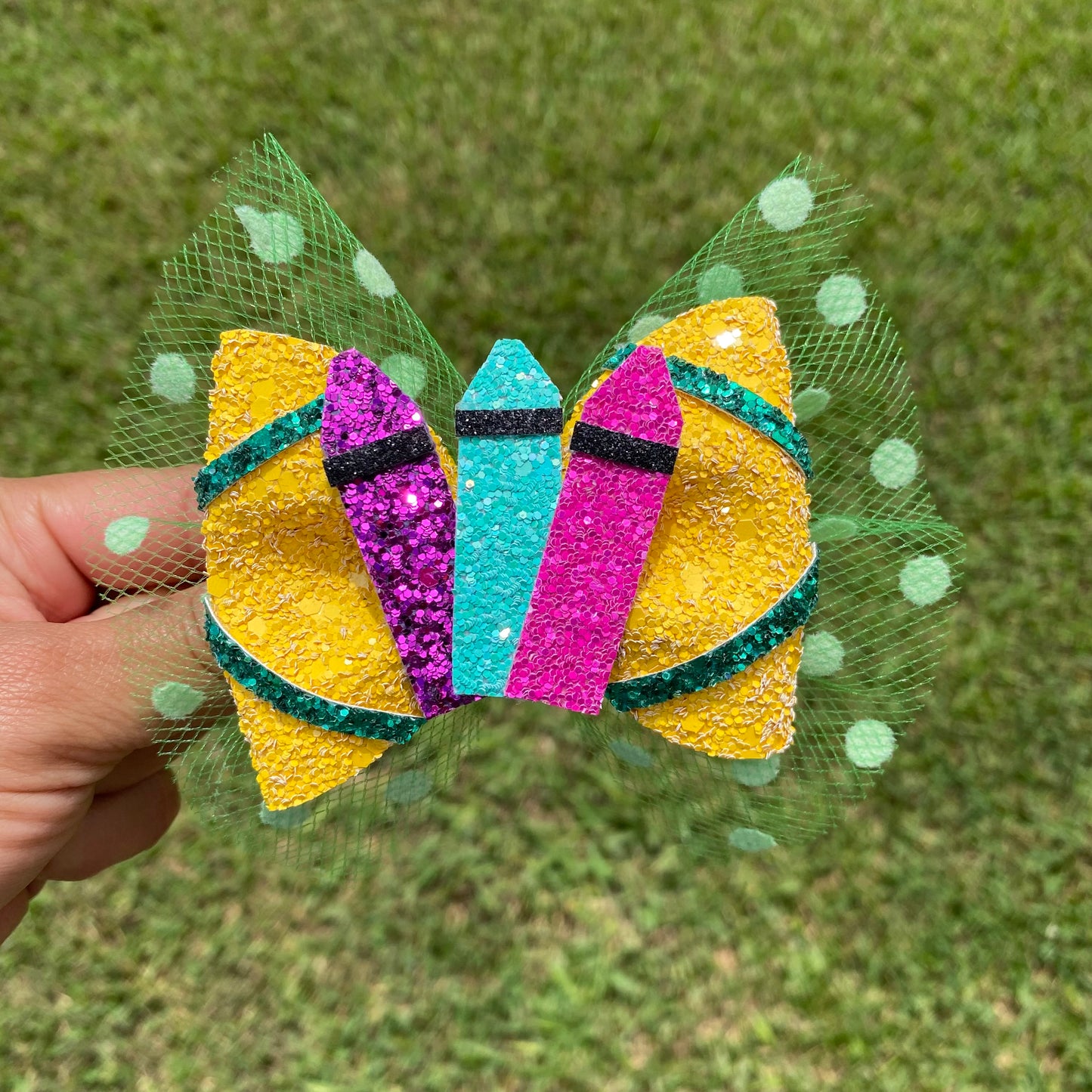 Crayon box glitter hair bow