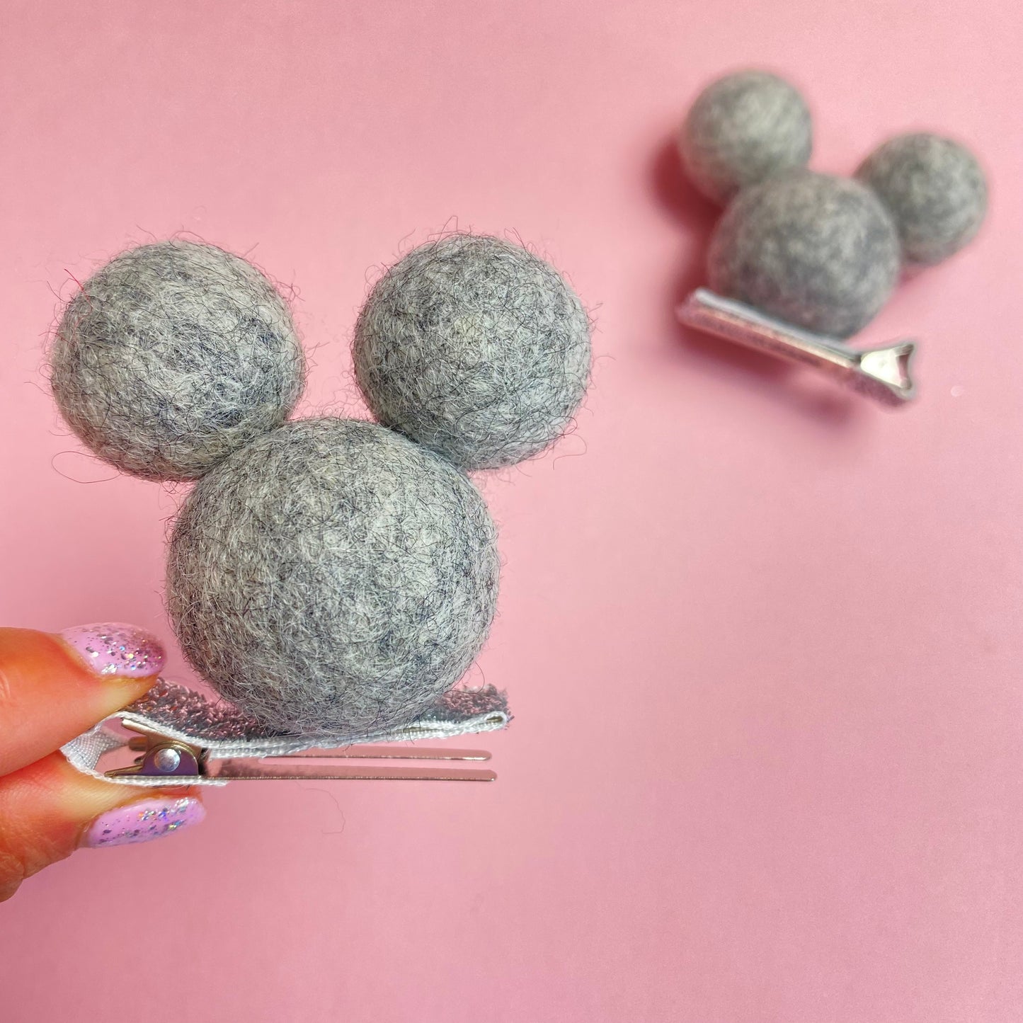 LIGHT HEATHER- PomPom Clip on Mouse Ears SET