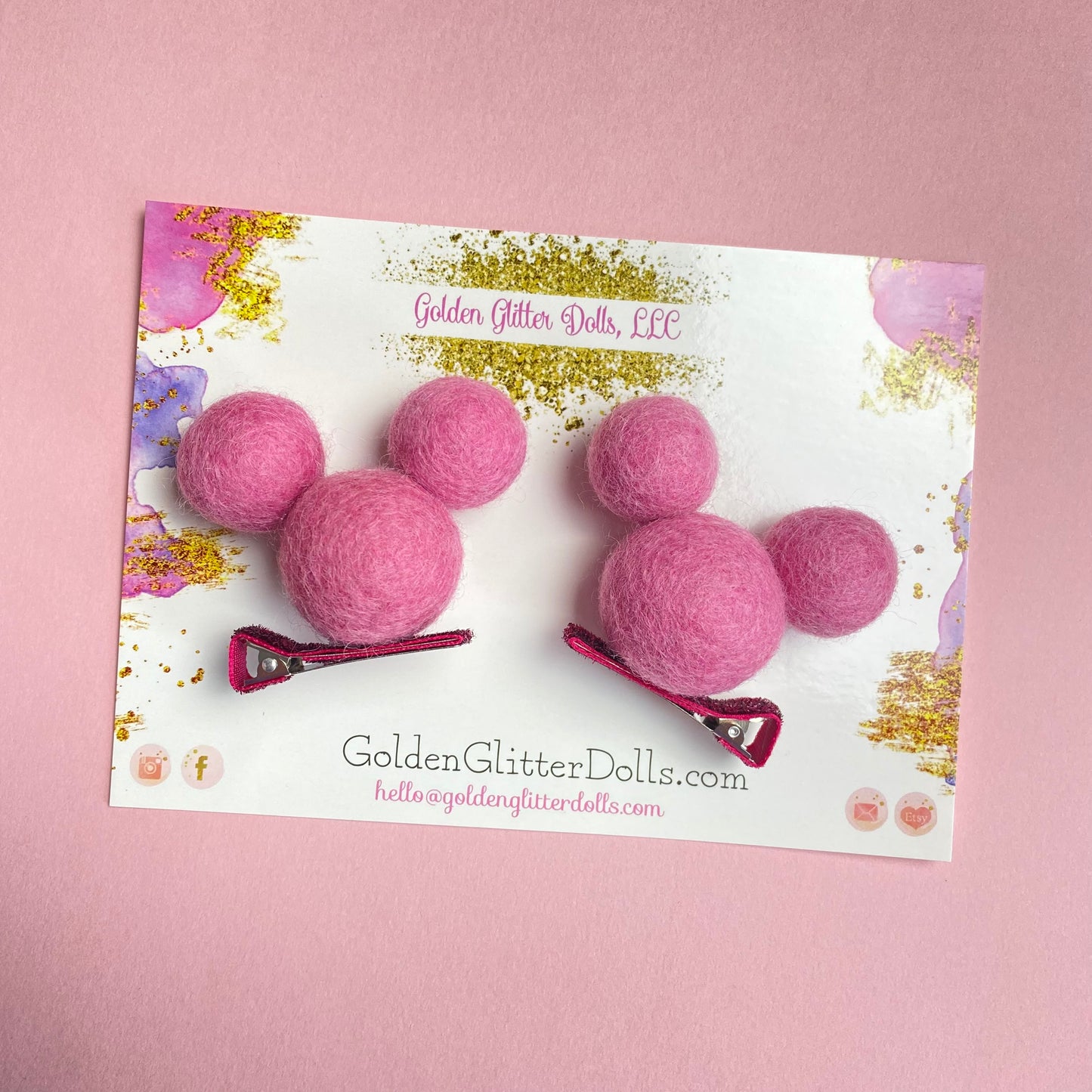 MEDIUM PINK- PomPom Clip on Mouse Ears SET