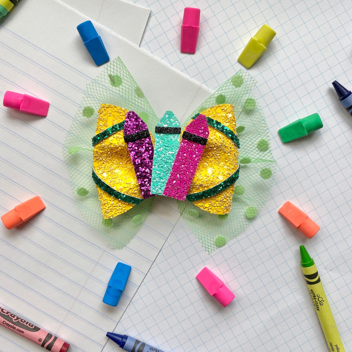 Crayon box glitter hair bow