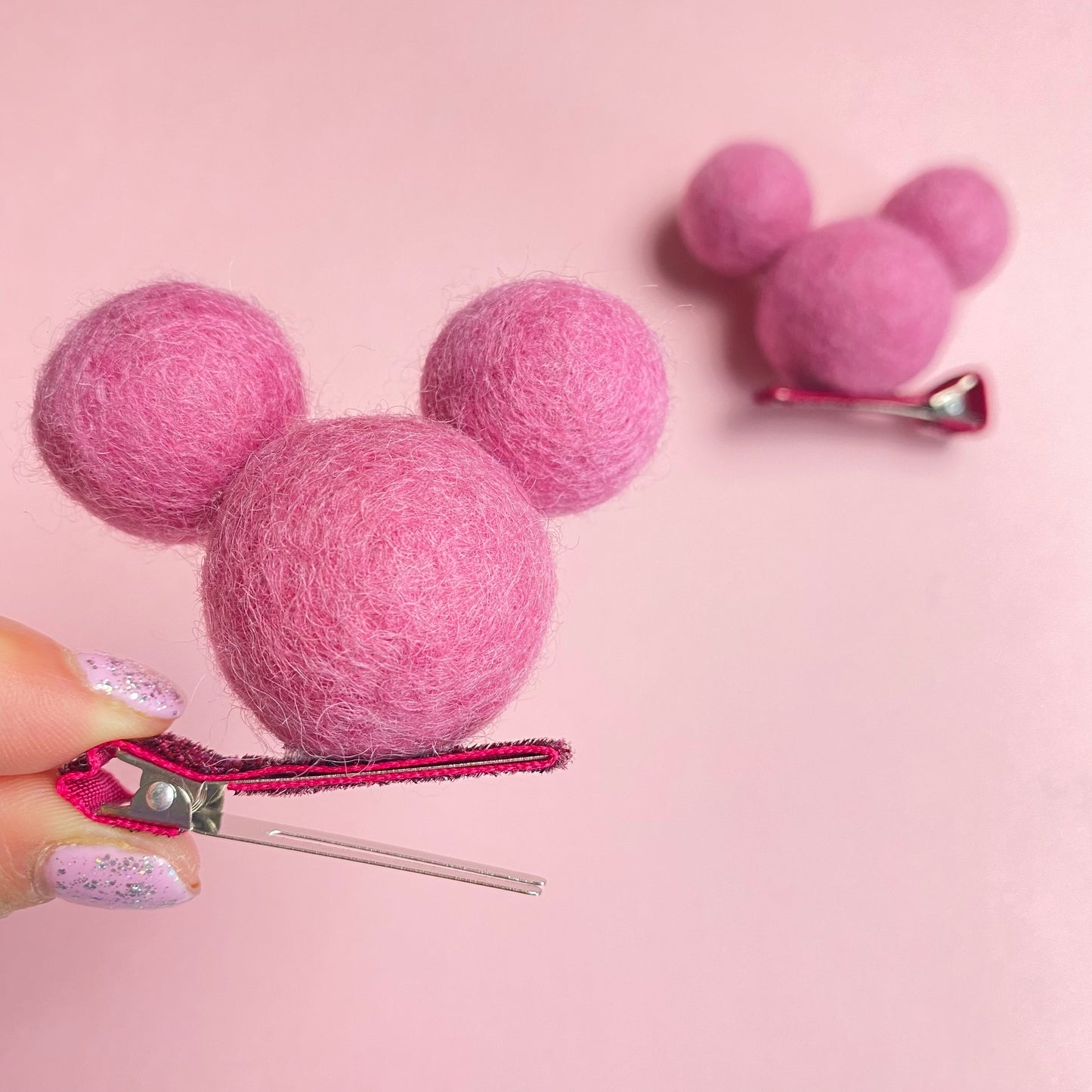 MEDIUM PINK- PomPom Clip on Mouse Ears SET