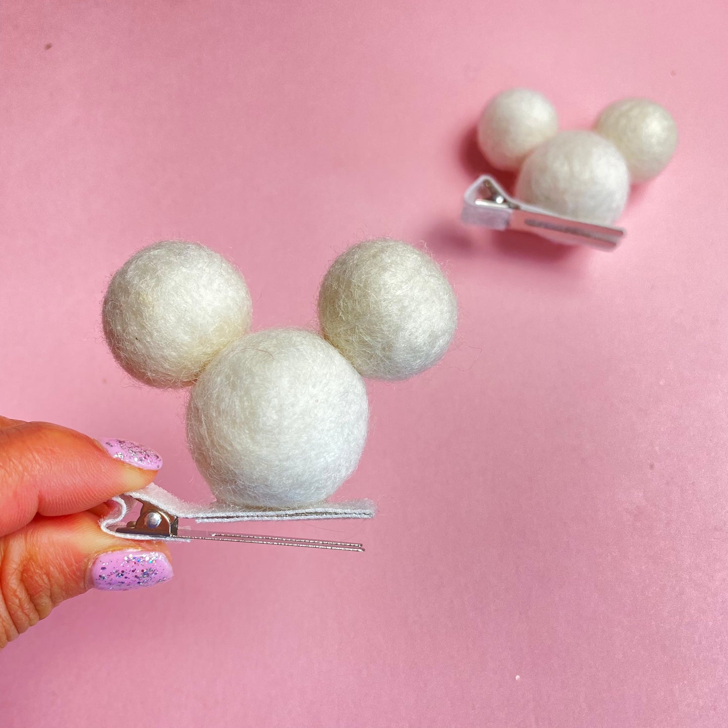 WHITE- PomPom Clip on Mouse Ears SET