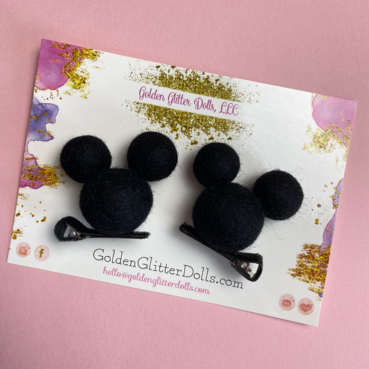 BLACK- PomPom Clip on Mouse Ears SET