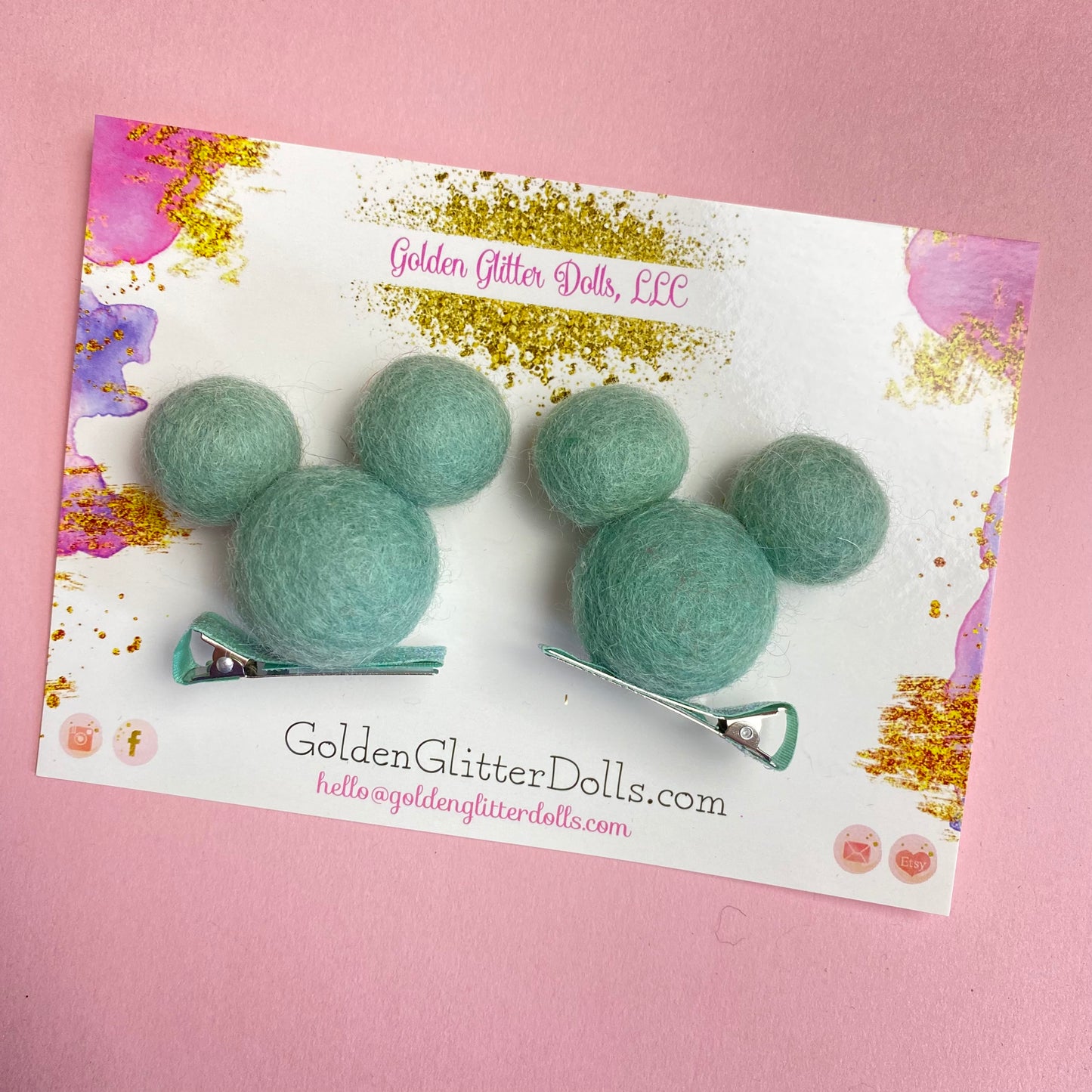 DARK MINT- PomPom Clip on Mouse Ears SET