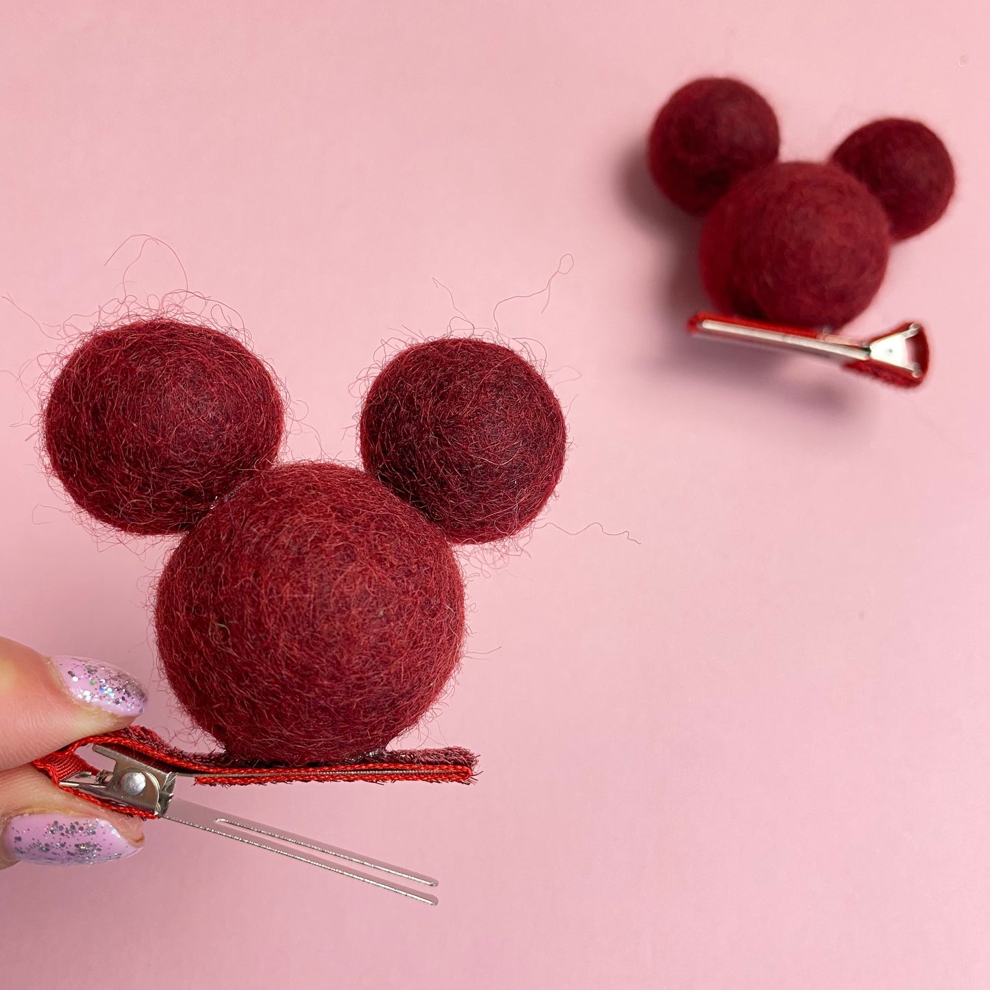 MAROON- PomPom Clip on Mouse Ears SET