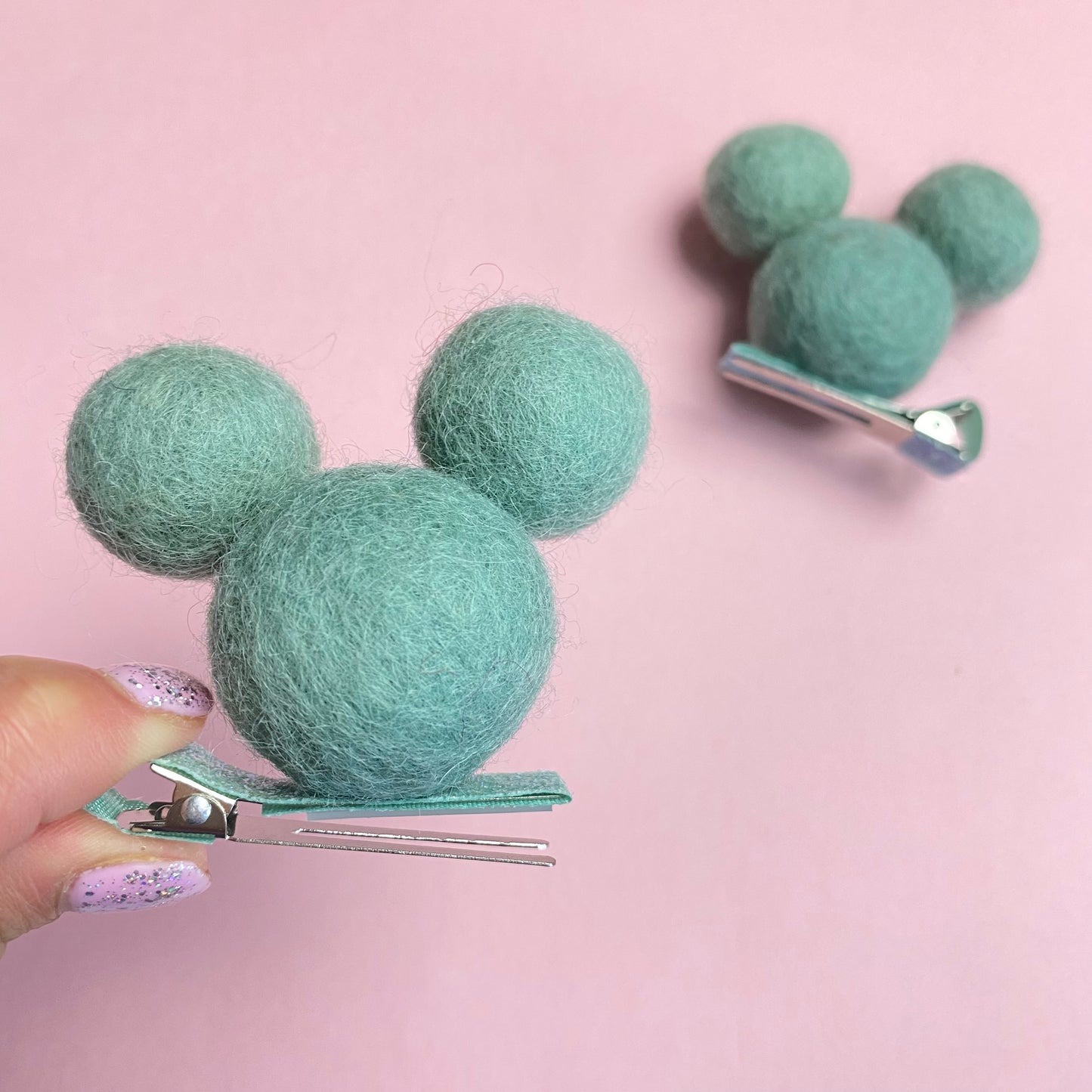 DARK MINT- PomPom Clip on Mouse Ears SET