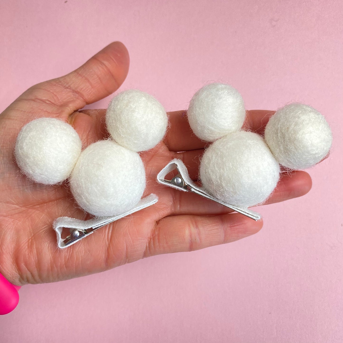 WHITE- PomPom Clip on Mouse Ears SET