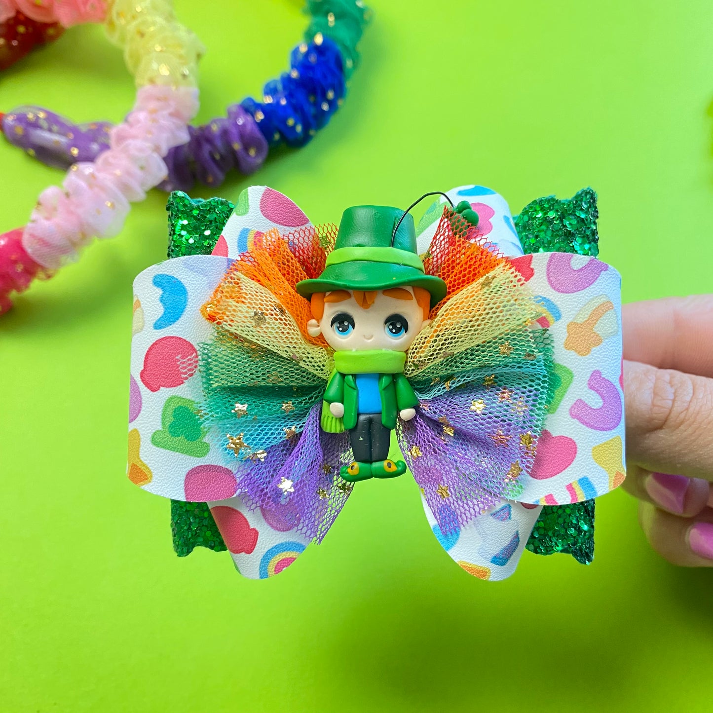 Lucky Charm, St. Patrick- Glitter Clay Hair bow