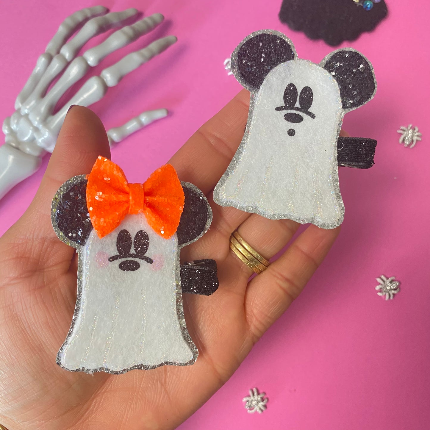 MOUSE GHOSTS, glitter hair clip, (You Choose Hardware)