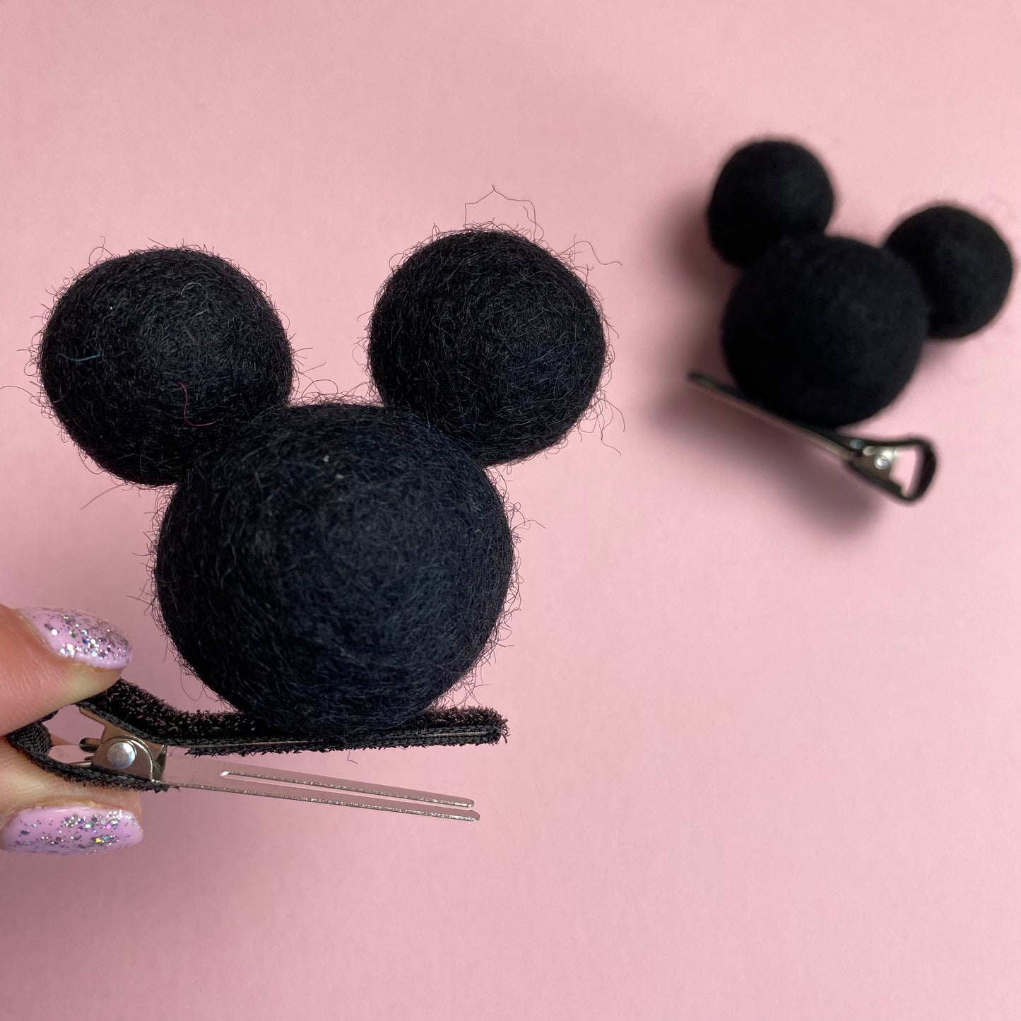 BLACK- PomPom Clip on Mouse Ears SET