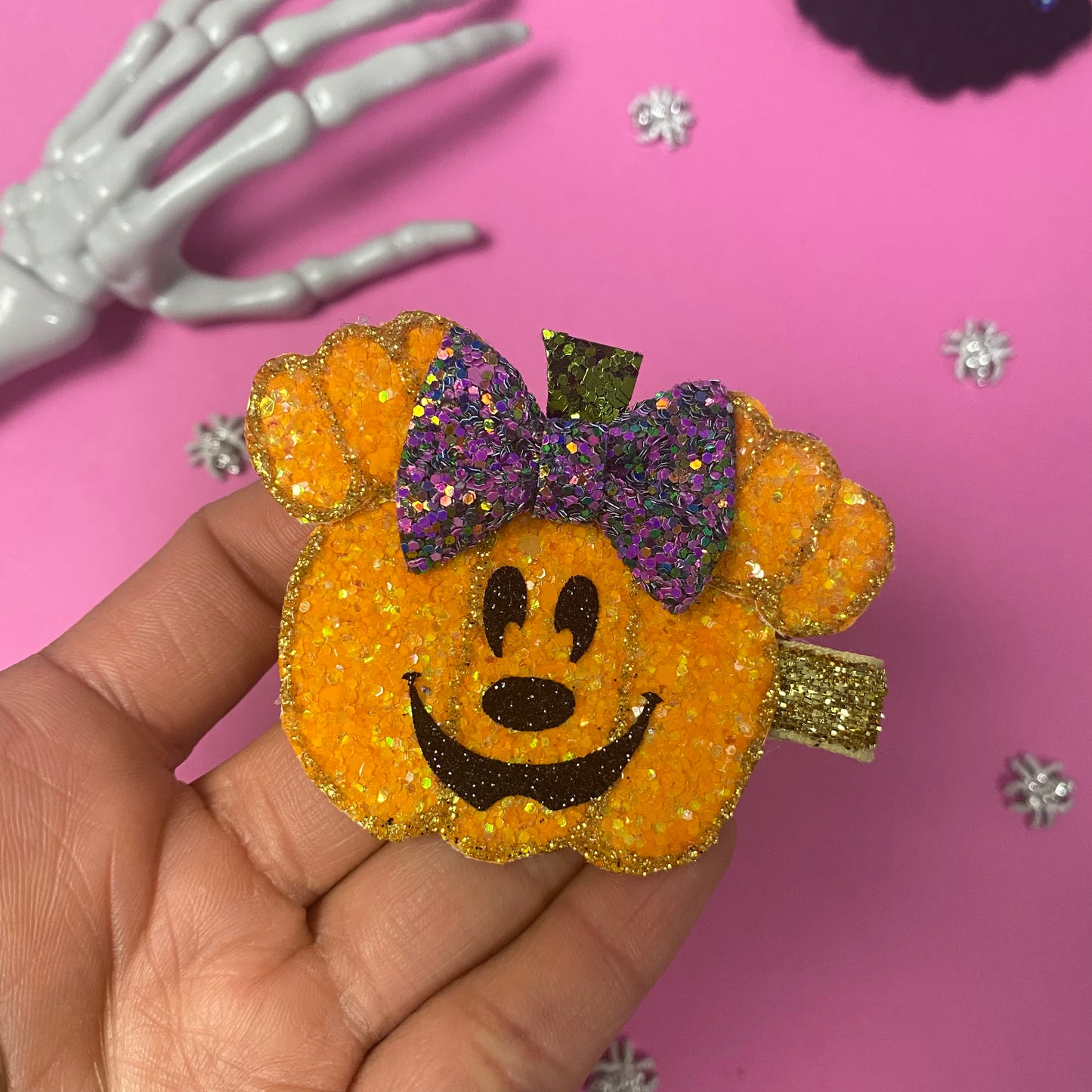 MOUSE PUMPKIN, glitter hair clip, (You Choose Hardware)