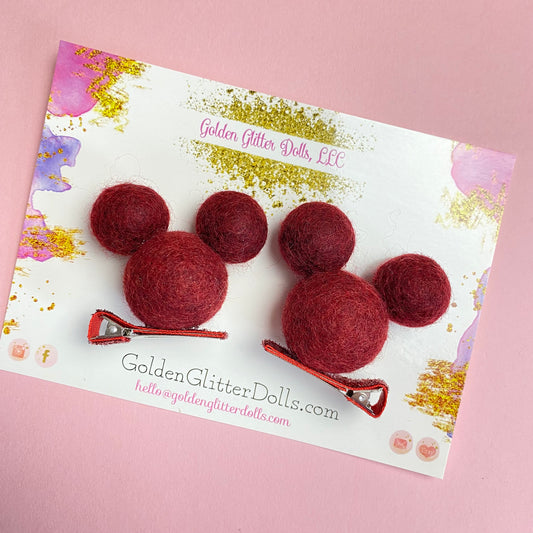 MAROON- PomPom Clip on Mouse Ears SET